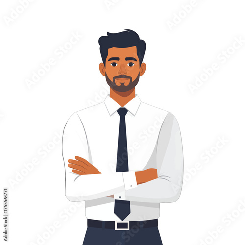 Confident Dark Haired Man in White Shirt with Navy Tie and Folded Arms Posing on White Background Illustration