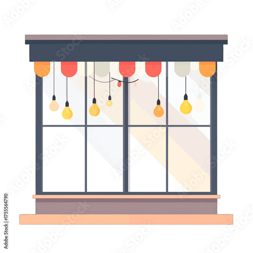 Pixel Art Shopfront with Large Window and Festive Light Bulbs Hanging Under Red and White Striped Awning in Beige Frame on White Background