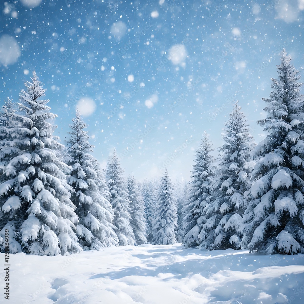 Fototapeta premium Beautiful winter landscape with snow-covered pine trees, gentle snowfall, bright blue sky, soft lighting, shining snow texture, peaceful and serene atmosphere, realistic nature photography, frosty for