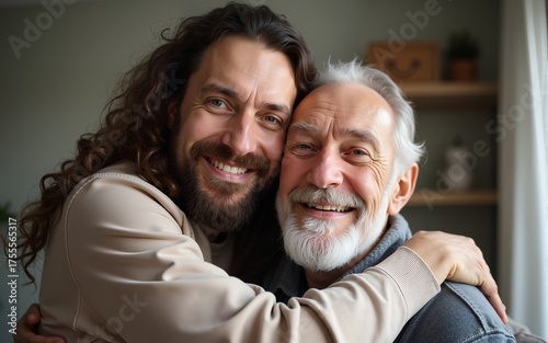 happy bearded man smiling while hugging elder father at home. High quality