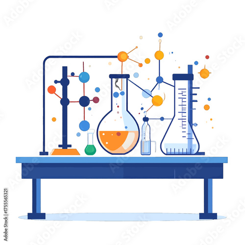 Science Laboratory Setup with Beakers and Molecular Structures in Red Orange Blue Hues