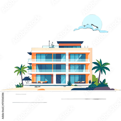 Pixel Art Beachfront Condominium with Palm Trees on Tropical Island and Tranquil Blue Sky in Sunny Day Illustration
