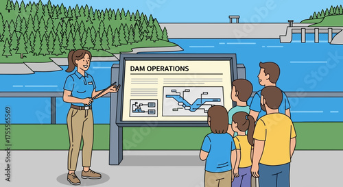 Cartoon illustration showcasing a dam tour guide explaining operations to a group