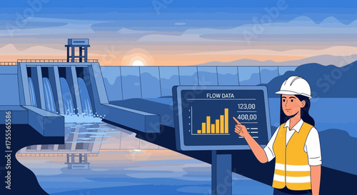 Female Engineer Examining Flow Data at Hydroelectric Dam with Vibrant Sunset Backdrop