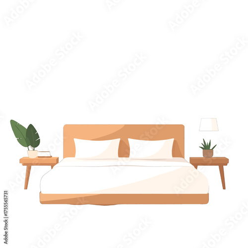 Cozy Bedroom Interior with Wood Bedside Tables and White Linens in Flat Style Illustration