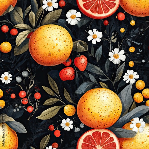 Dark botanical citrus seamless pattern with oranges and flowers, elegant tropical wallpaper.