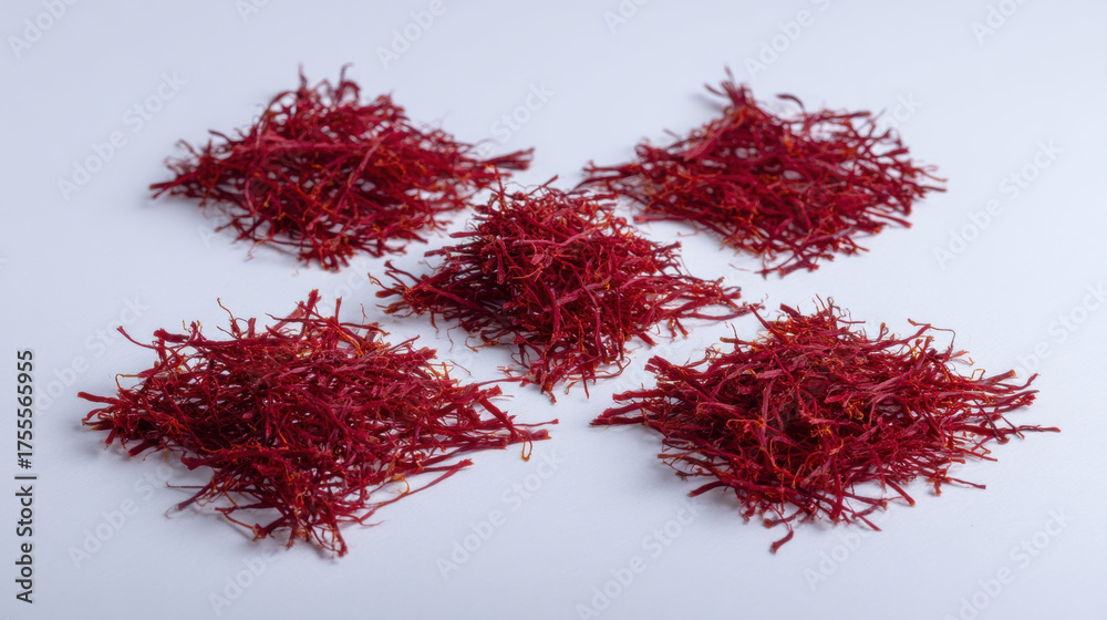 Naklejka premium Vibrant red saffron threads arranged on a clean white background. the luxurious spice saffron, known for its distinct flavor and color.