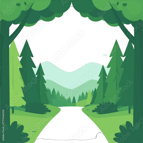 Landscape Scenery of Green Forest and Mountain in Flat Style Illustration with Trees and Pathway at Bright Day Time