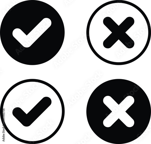 Four Circular Approval and Rejection Icons Depicting Positive and Negative Answers, Confirming and Denying Choices, or Indicating Successful and Unsuccessful Operations