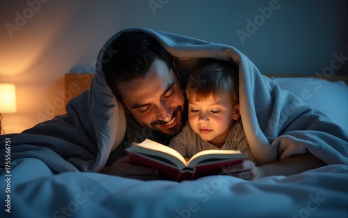 Portrait of dad teaches his little son to read a book hiding under the blanket in bed before bedtime. High quality