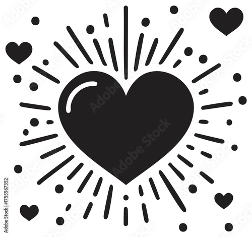 Black heart graphic with bursts and additional hearts, Valentines Day theme.