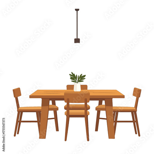 Isometric Dining Room with Brown Wood Table Chairs and Green Plant in White Pot Under Dark Ceiling Lamp on White Background