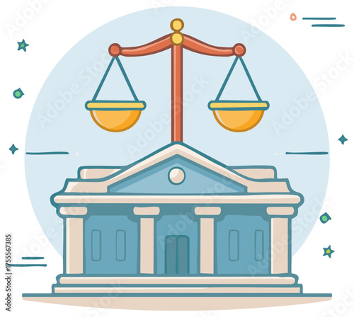 Cartoon Justice System Law Court Building with Scales of Justice Illustration