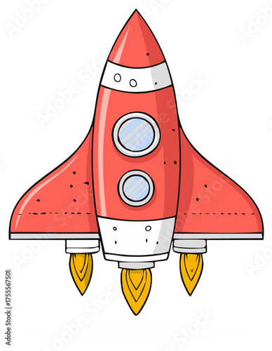 Red Cartoon Rocket Ship Launching with Booster Flames Illustration