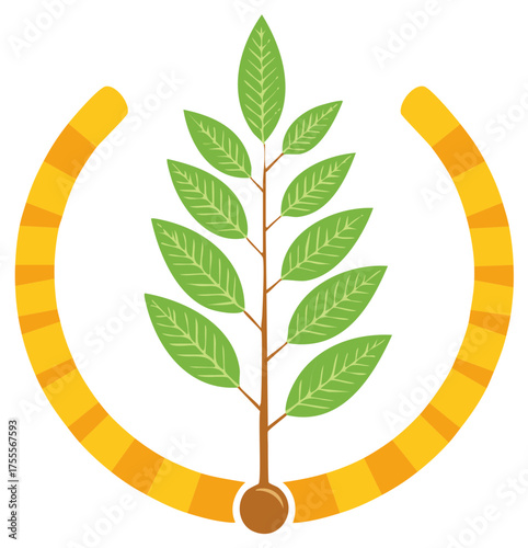 Stylized green plant growing within a circular orange graphic element