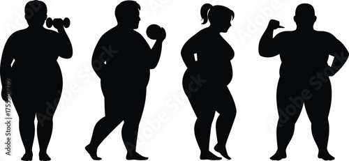 Silhouettes of four diverse individuals engaged in fitness activities with weights, promoting health and wellness.