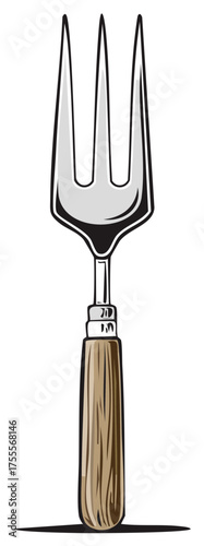 Illustrated Silver Three Tine Serving Fork with Wood Handle Design for Kitchen