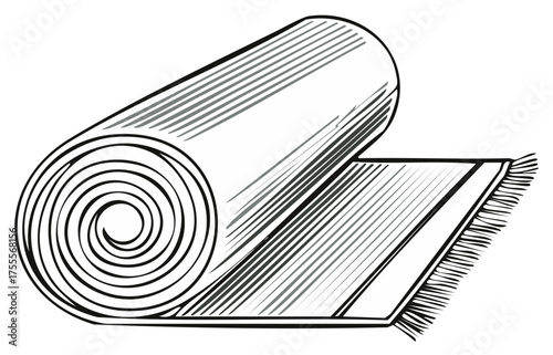 Rolled Rug Graphic: Stylized Floor Covering Illustration, Textile Roll, Fringe Detail, Woven Mat Design