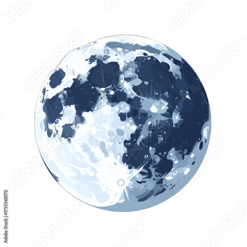 Detailed Full Moon Illustration with Varied Blue and White Hues Cosmic Celestial Body on a White Background