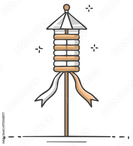 Japanese Toro Lantern with Ribbons, Asian Festival Decor, Traditional Illustration