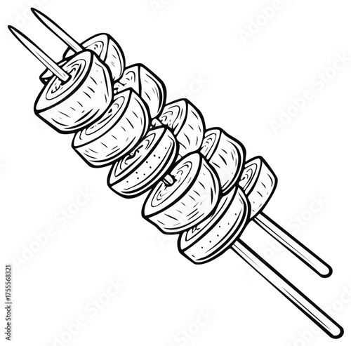 Outline drawing of sweet grilled banana or plantain skewers, a delicious tropical dessert or snack