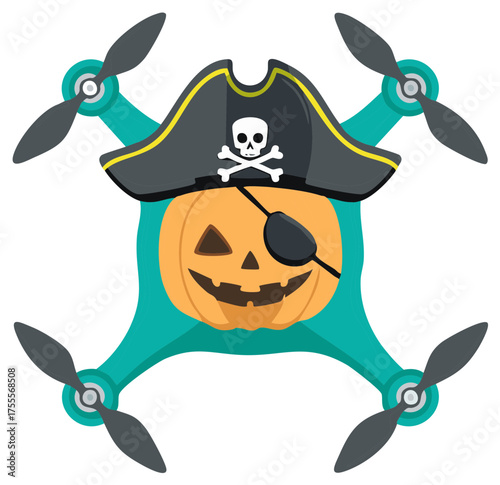 Festive Halloween drone with pirate pumpkin head wearing a hat and patch for parties or themed events using digital vector illustration