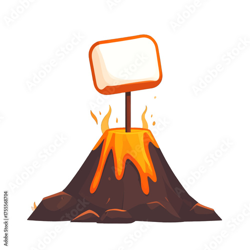 Cartoon Volcanic Mountain with Lava Flowing Down and Blank Sign on Top Against White Background
