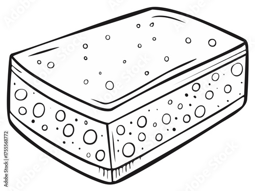Cartoon Outline of Rectangular Sponge, Bubbles and Porous Texture for Cleaning or Washing Equipment, Drawn in Black Lines, Flat Design