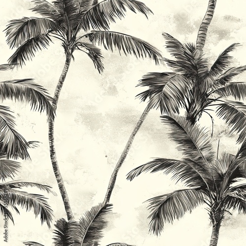 Black and white seamless palm pattern with minimalist tropical style, ideal for modern summer design.