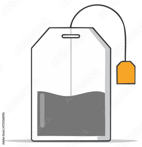 Simple flat illustration of a tea bag with a string and tag containing dark liquid