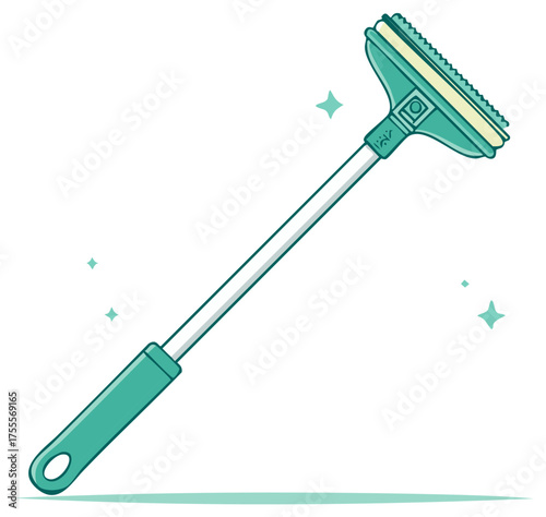 Teal two sided cleaning tool with extension handle and scrubbing bristles for windows
