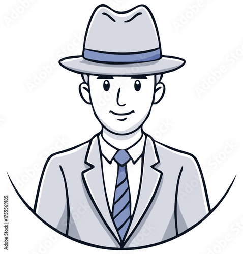 Cartoon man in suit wearing a fedora hat, smiling with a neutral expression, representing a vintage or detective theme character design