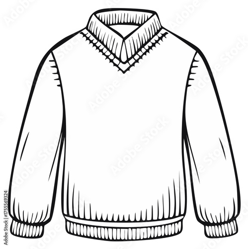 Outline drawing of a V-neck sweater with collar and ribbed cuffs, comfortable fashion apparel.