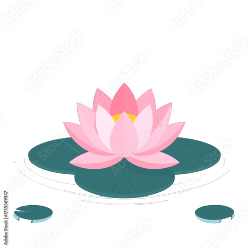 Pink Lotus Blossom with Yellow Center Resting on Green Lily Pads in Calm Waters Against a White Background