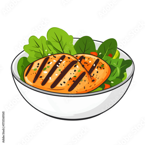 Bowl of Fresh Green Salad Topped with Grilled Plant Based Cutlets with White Background and Pixel Art Style for Stock Illustration