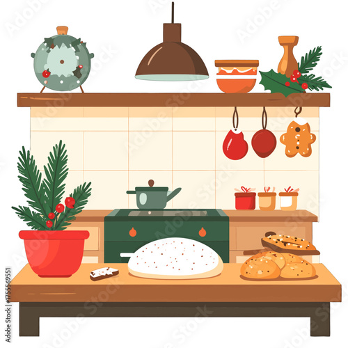 Festive Kitchen Scene with Warm Tones and Pixelated Style Featuring Clock and Dough on Wooden Table Top for Holiday Baking Preparation