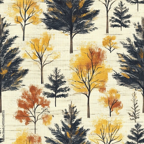 Autumn forest seamless pattern with yellow and orange trees, vintage nature background.