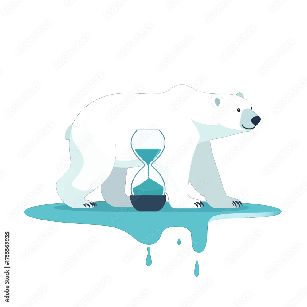 Fototapeta premium Vulnerable Polar Bear with Hourglass on Melting Ice Illustration with Teal and White Palette Isolated on White Background