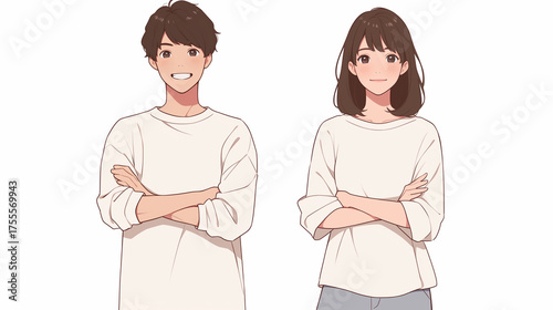 笑顔の男女カップルが並んで立つシンプルで爽やかなイラスト「生成AI」