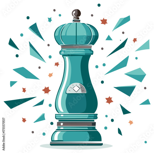 Green pepper grinder with geometric confetti, condiment seasoning, modern graphic flat vector, kitchenware illustration