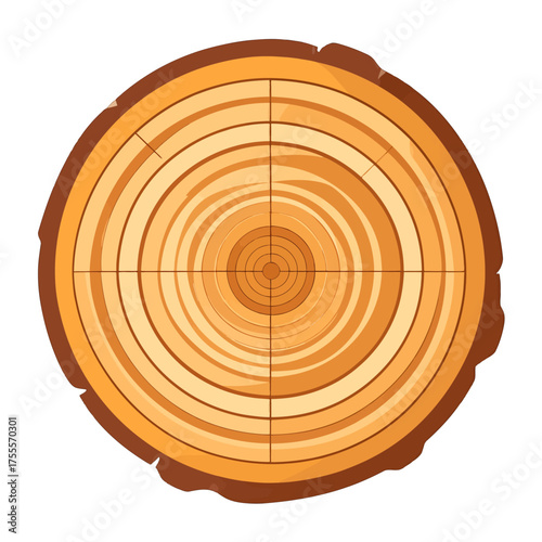 Isolated Round Tree Trunk Cross Section with Visible Growth Rings in Detailed Wood Grain Texture on White Background