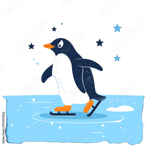 Animated Penguin Ice Skating on Light Blue Ice Rink with Dark Blue and White Feathers and Orange Skates Under Starry Sky Background
