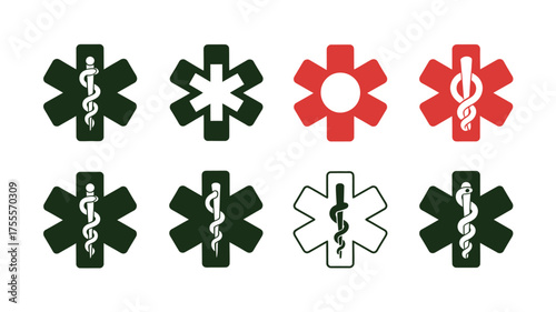 Collection of diverse medical emergency star of life symbols in various colors and styles