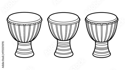 Three traditional djembe drums arranged in a row, ready for rhythmic music.