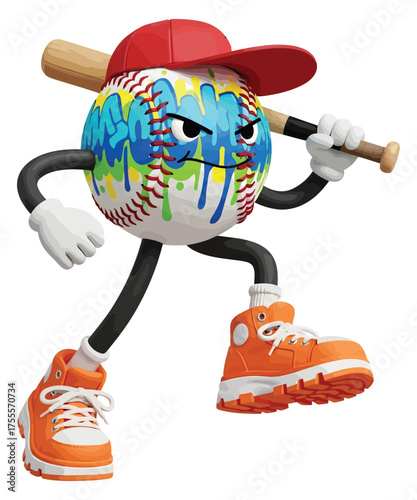 Cartoon Baseball Character with Graffiti and Attitude Ready for Action Sports a Baseball Bat and Athletic Shoes
