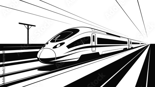 Sleek, modern high-speed train traveling at great speed on its tracks.