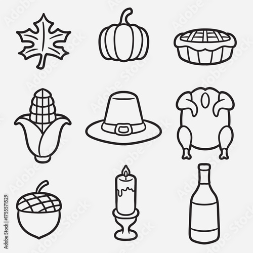 set of thanksgiving with outline style good for icon, symbol, element design, coloring book, etc