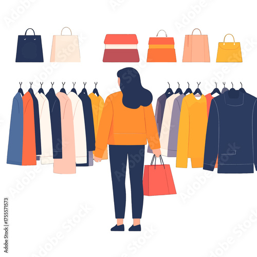 Woman in Orange Sweater Holding a Shopping Bag in Front of Clothes Rack With Assorted Colors Shopping Bags Above Clothes Illustration
