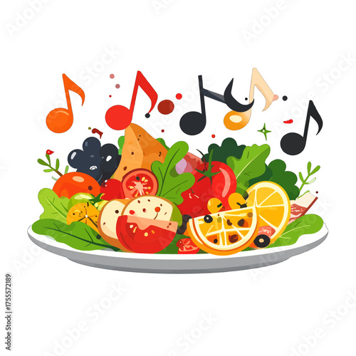 Vibrant Fresh Salad with Musical Notes Floating Above on White Plate Healthy Eating Concept