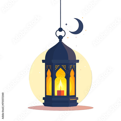Pixelated Blue Lantern with Crescent Moon in White Background Illustration for Festive Decor and Religious Observance with Yellow Candle Flame